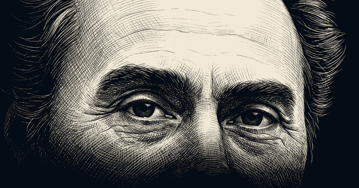 Stylized Renaissance-etching portrait — eyes-and-brow tight crop, contemplative gaze